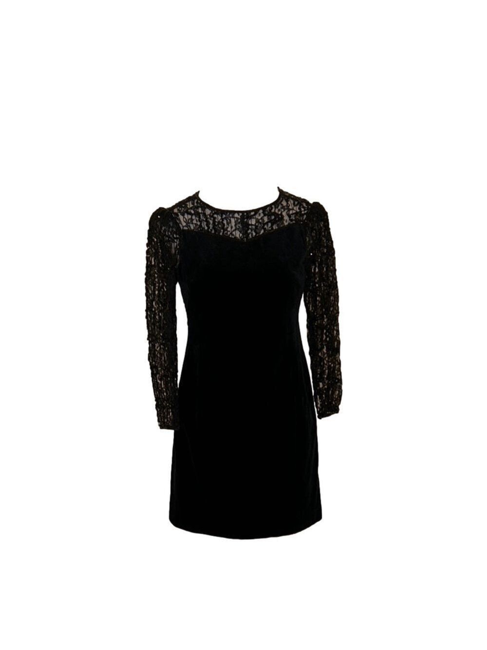 FINK MODELL Vintage Black Velvet & Lace w/ Sequins Short Cocktail Dress Size 6-8
